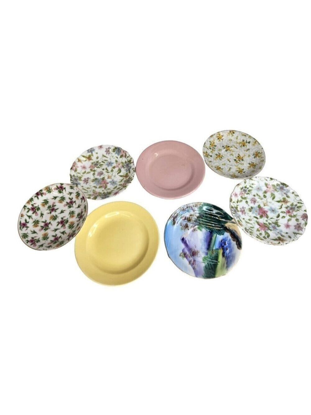 Vintage Floral & Solid Porcelain Saucer Plate Lot of 5 Tea Cup Saucers and 2 Des